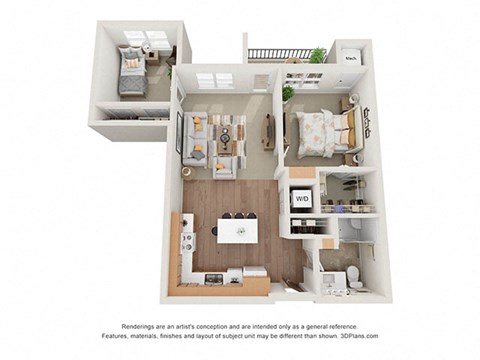 Floor plan for 2 beds, 1 bath, 863 sqft
